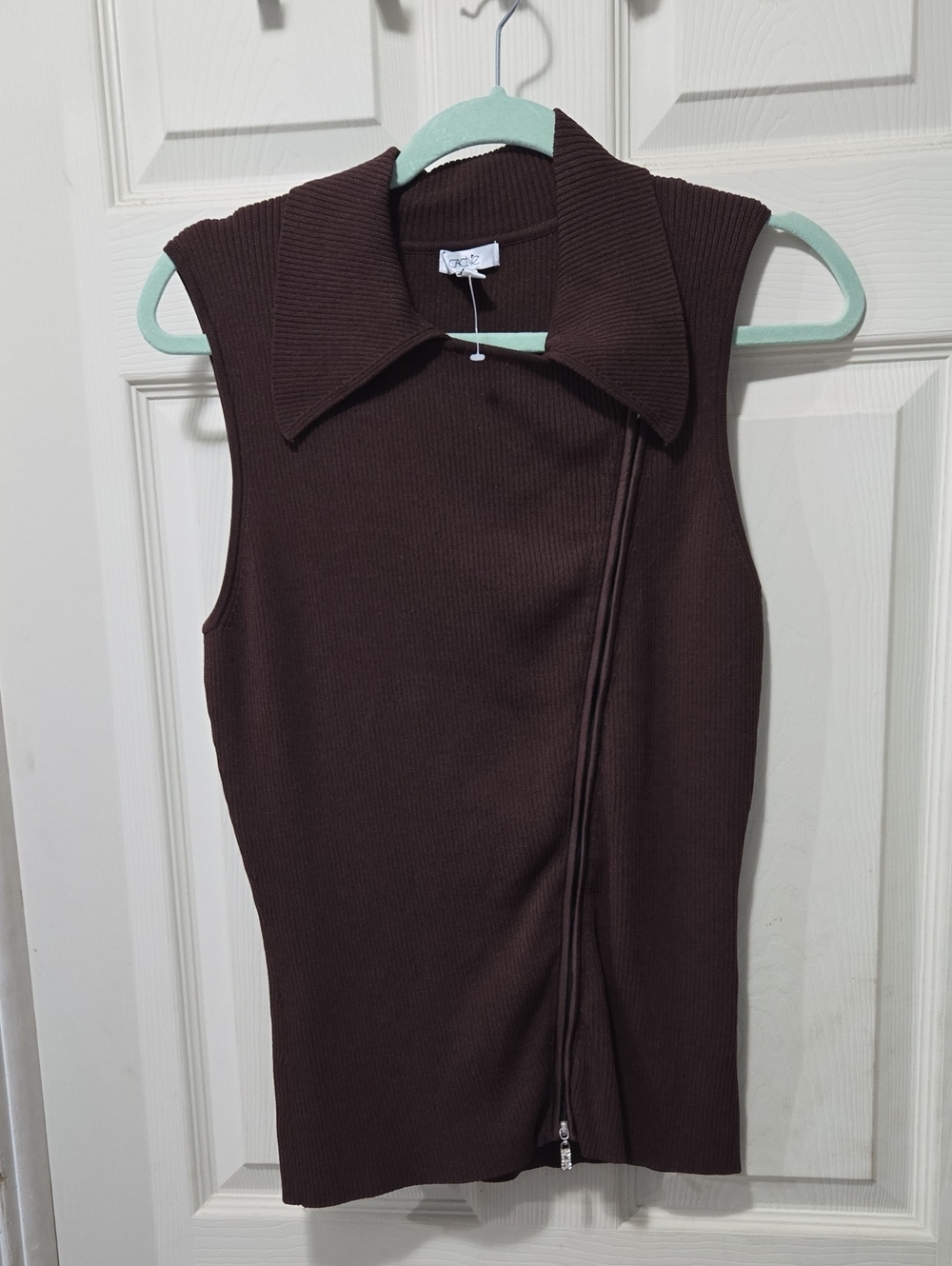 Cache Brown Ribbed Sleeveless Zip Front Collared Top/Vest Size L Casual Y2K EUC